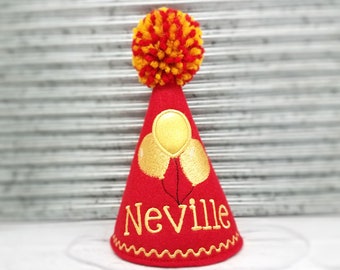 Dog Birthday Hat Red with Gold Embroidered Balloons, Personalized with Name, Dogs First Birthday, Gotcha Day Hat