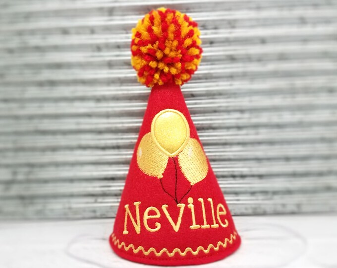 Dog Birthday Hat Red with Gold Embroidered Balloons, Personalized with Name, Dogs First Birthday, Gotcha Day Hat