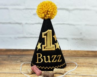 Dog Birthday Hat Black/Gold with Stars Personalized,  Pet Party Hat, Dog Cake Smash, Dogs First Birthday, Pet Costume, Gotcha Day