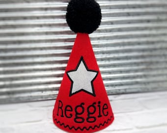 Red Dog Birthday Hat with Silver Star Personalized for Dogs 1st Birthday, Gotcha Day