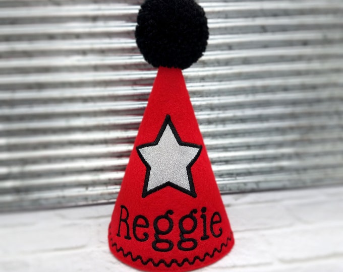 Red Dog Birthday Hat with Silver Star Personalized for Dogs 1st Birthday, Gotcha Day