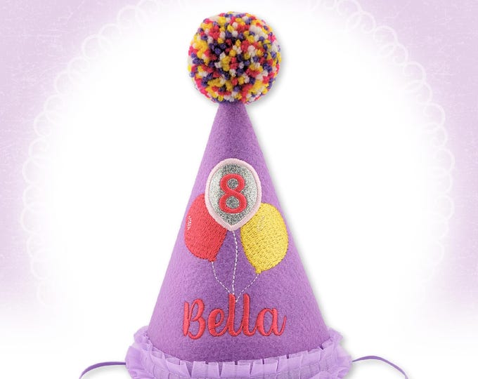 Lilac Dog Birthday Hat Embroidered Colorful Balloons, Frilly Trim, Personalized Keepsake, First Birthday, Gotcha Day Hat, Pet Party Supplies