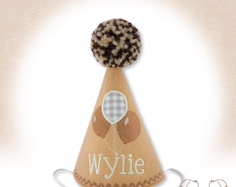 Dog Birthday Hat Neutral Tan with 3 Embroidered Balloons, Personalized with Name, 1st Birthday, Gotcha Day Hat, Pet Party Hat, Photo Prop