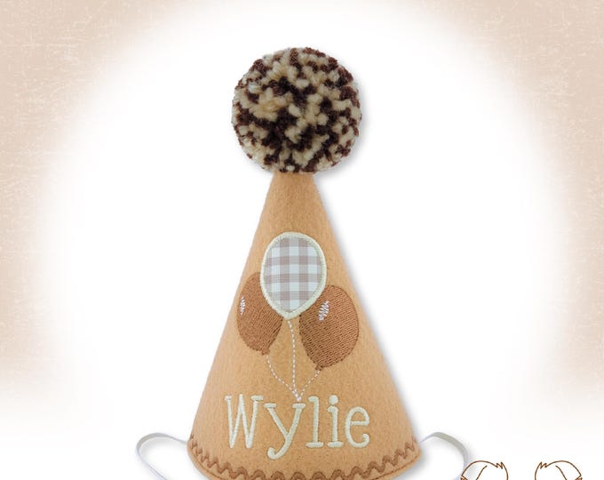 Dog Birthday Hat Neutral Tan with 3 Embroidered Balloons, Personalized with Name, 1st Birthday, Gotcha Day Hat, Pet Party Hat, Photo Prop