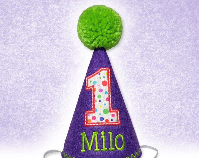 Dog Birthday Hat in Purple & Rainbow Dots, Custom Embroidered Name and Birthday Number