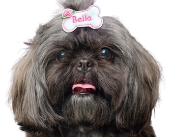 White Bone Embroidered Dog Bow Barrette - Personalized, Dog Bows for Girls, Pet Hair Accessories, Maltese Hair Bows, Shih Tzu Bows