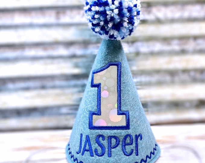 Dog Birthday Hat Ocean Blue with Chrome Bubbles Holographic Number- Personalized, Cake Smash, Boy Dog Party Hat, Photo Prop, Gotcha Day