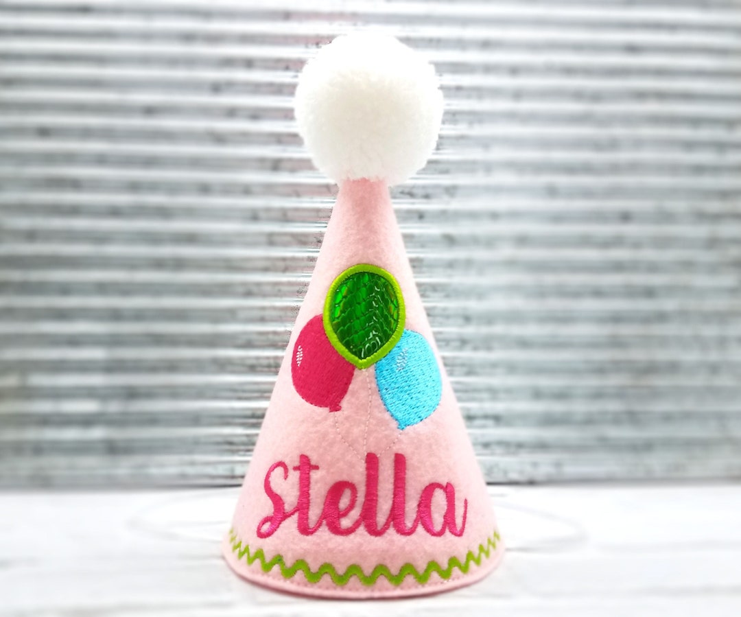 Dog Birthday Hat With Embroidered Balloons in Pink, Personalized With