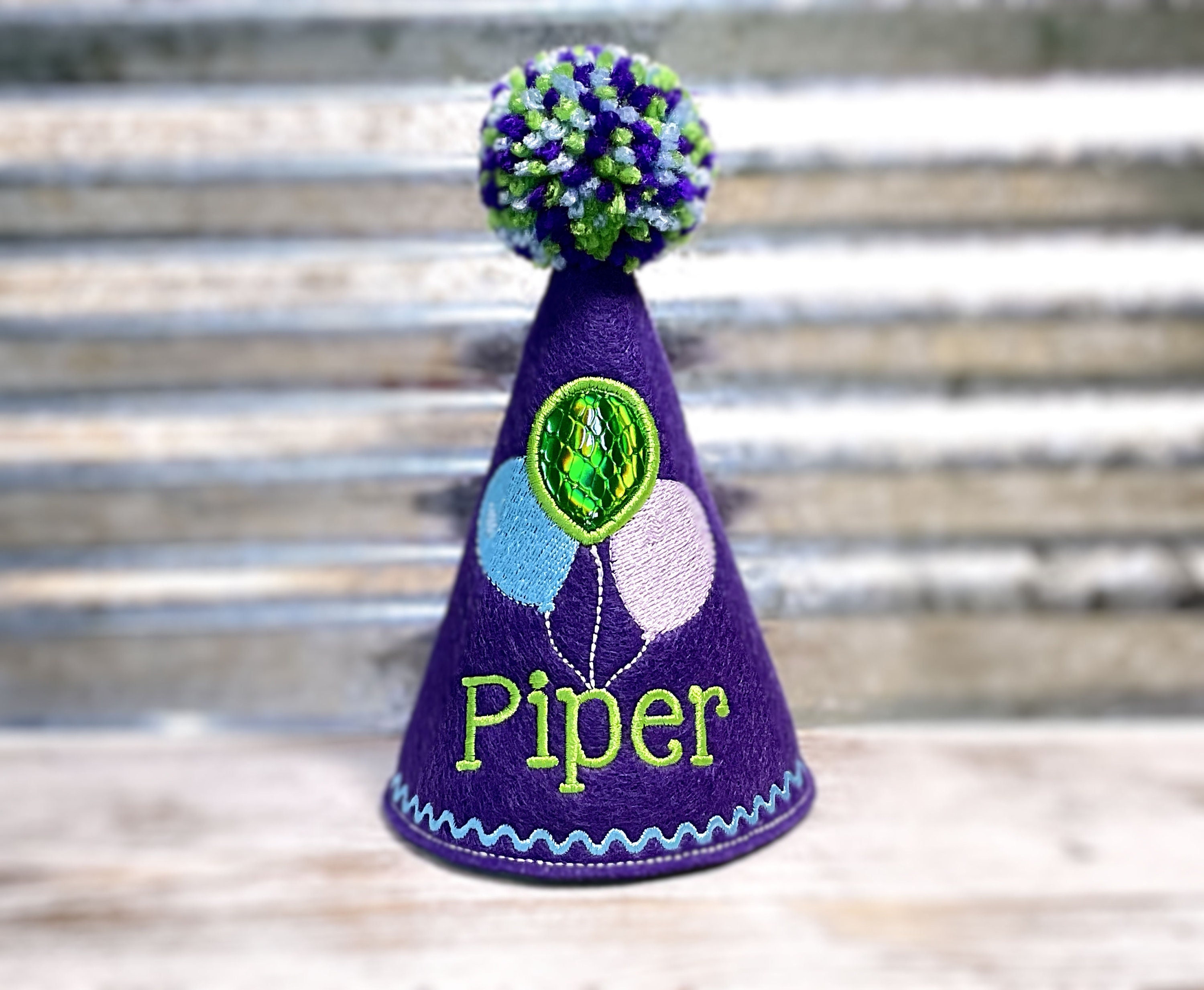 Dog Birthday Hat with Embroidered Balloons in Purple Personalized with Name Dogs First Birthday Gotcha Day Hat