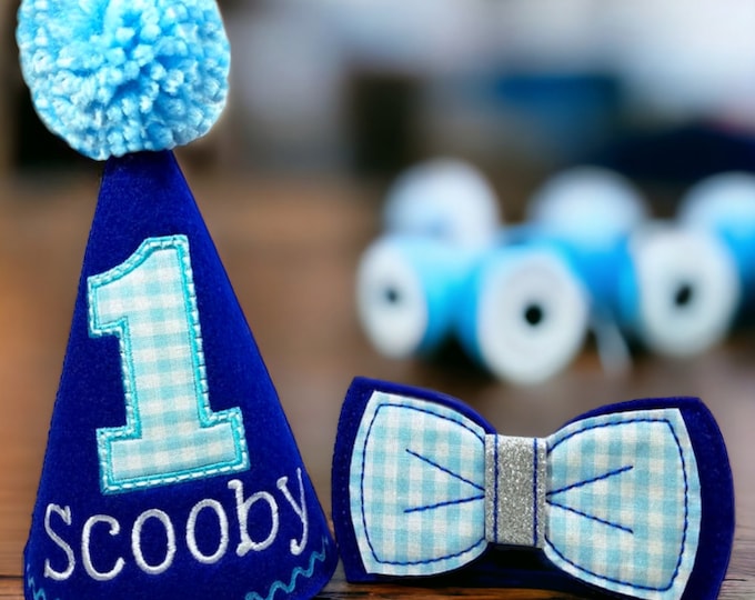 Dog Birthday Party Hat and Dog Bow Tie SET in Blue Gingham, Gotcha Day Party Hat, Birthday photo prop, Dog Party Supplies, Dog 1st Birthday,