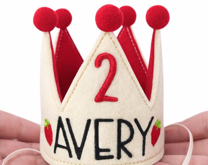 Strawberry Dog Birthday Crown, Embroidered with Name & Age | Personalized Dog or Cat Party Hat