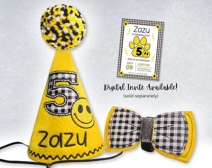Dog Birthday Hat and Bow Tie Set – Personalized Yellow Buffalo Plaid Smiley Face Pet Party Hat with Custom Name Embroidered - SM1026