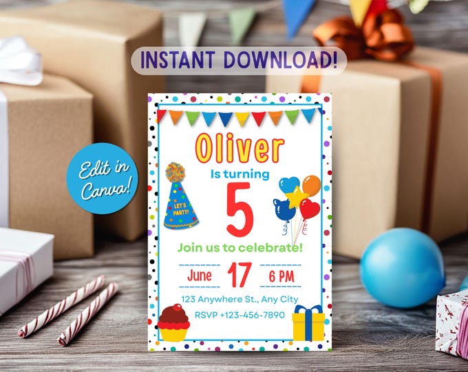 Digital Birthday Invitation | Editable Party Invite | Primary Color Balloons & Polka Dots | Canva Template for Birthday Party | PD925