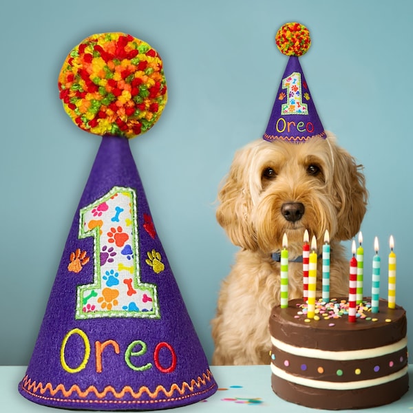 Colorful Dog Birthday Hat with Paws - Personalized - Cake Smash Hat, Dogs 1st Birthday, Pet Birthday, Gotcha Day (6 color options)