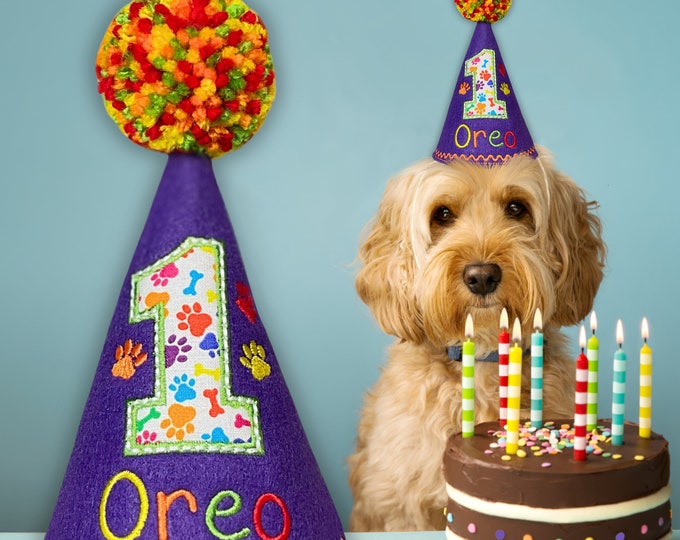 Colorful Dog Birthday Hat with Paws - Personalized - Cake Smash Hat, Dogs 1st Birthday, Pet Birthday, Gotcha Day (6 color options)