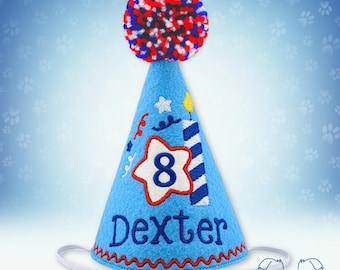 Dog Birthday Hat Blue, Embroidered Birthday Candle Star, Colorful Yarn Pompom Personalized Party Hat, Pet Photo Prop, Memory Keepsake Gifts
