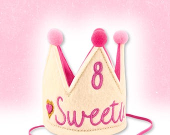 Ecru Dog Birthday Crown with 3D Pink Hearts | Personalized Embroidered Hat | Gotcha Day | 1st Birthday Party | Pet Accessories | Photo Prop