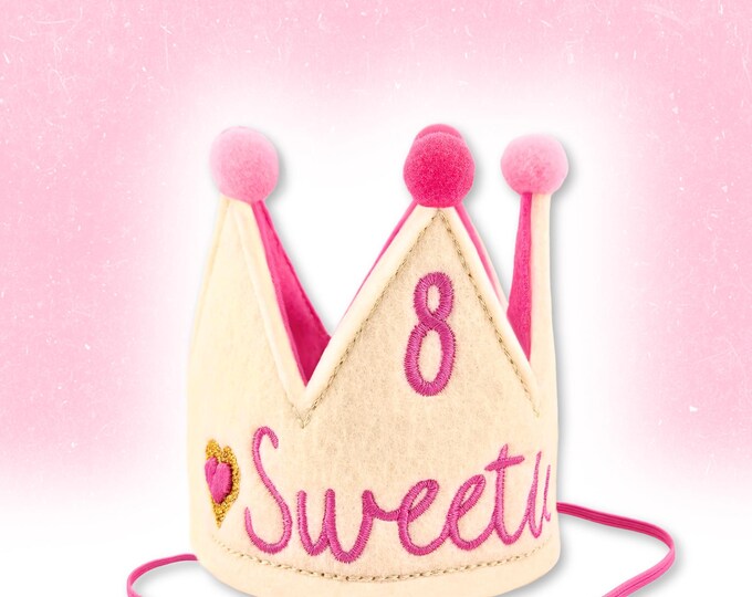 Ecru Dog Birthday Crown with 3D Pink Hearts | Personalized Embroidered Hat | Gotcha Day | 1st Birthday Party | Pet Accessories | Photo Prop