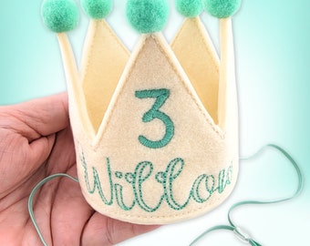 Ecru Dog Birthday Crown with Fern Green Embroidery | Personalized Party Hat | Gotcha Day Crown | 1st Birthday Party | Pet Accessories | Prop