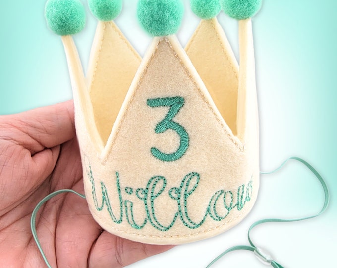 Ecru Dog Birthday Crown with Fern Green Embroidery | Personalized Party Hat | Gotcha Day Crown | 1st Birthday Party | Pet Accessories | Prop