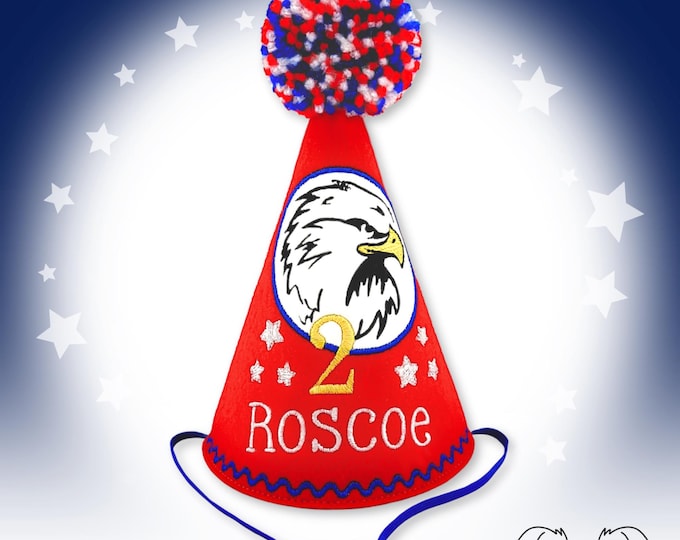 Dog Birthday Hat in Red Patriotic USA with Eagle Head and Stars, Personalized with Name/Birthday Number, Red, White and Blue, 1st Birthday