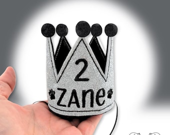 Silver Glitter Dog Birthday Crown Black Paws Embroidery, Personalized Pet Party Hat for Birthday Celebrations, Gotcha Day, 1st Birthday