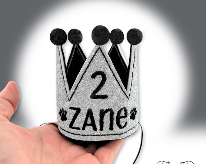Silver Glitter Dog Birthday Crown Black Paws Embroidery, Personalized Pet Party Hat for Birthday Celebrations, Gotcha Day, 1st Birthday