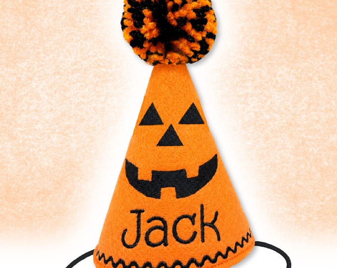 Halloween Dog Birthday Party Hat - Embroidered Pumpkin Jack O Lantern Face for Dress Up - Costumes for Dogs and Cats