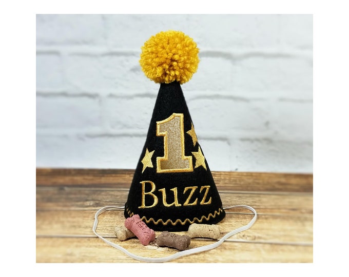Dog Birthday Hat Black/Gold with Stars Personalized,  Pet Party Hat, Dog Cake Smash, Dogs First Birthday, Pet Costume, Gotcha Day