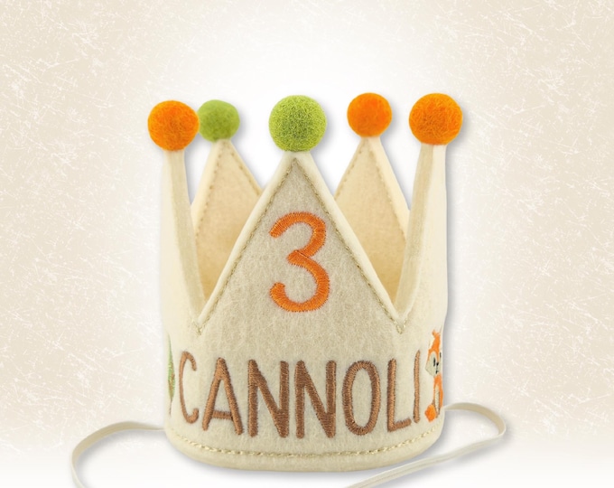 Woodland Fox Dog Birthday Crown – Ecru with Wool Pompoms Personalized Pet Party Hat