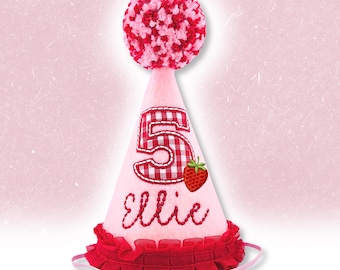 Strawberry Dog Birthday Hat in Pink – Personalized | Cat Celebration | Memorial Keepsake | 1st Birthday Party | Pet Photos