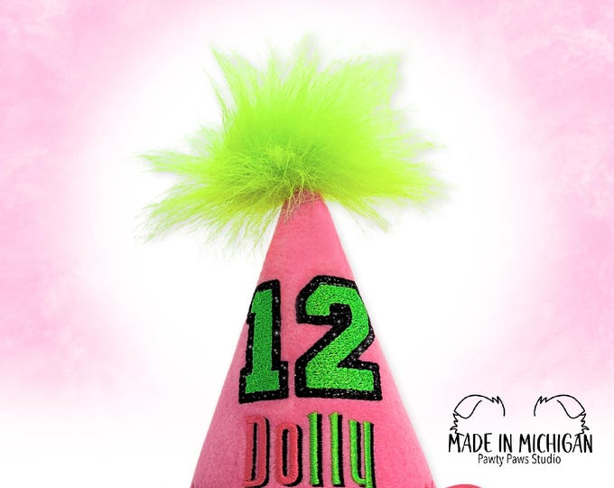 Dog Birthday Hat Pink, Faux Chenille, Personalized for Pet Birthday, Photo Prop, Gotcha Day, 1st Birthday, Fur Pompom, Keepsake Memory Gift