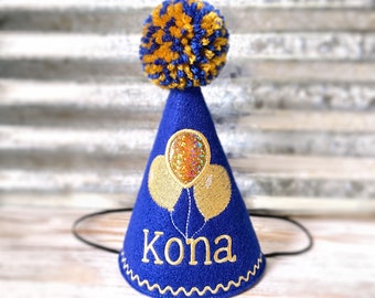 Dog Birthday Hat Royal Blue with Gold Embroidered Balloons, Personalized with Name, 1st Birthday, Gotcha Day Hat, Pet Party Hat, Photo Prop