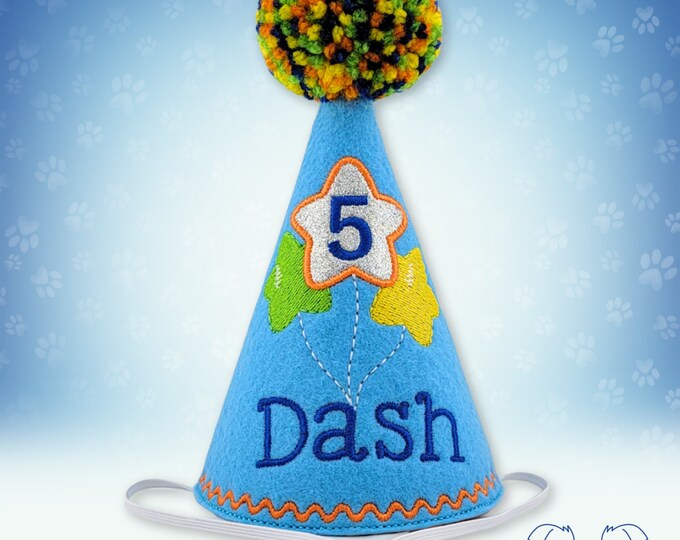 Dog Birthday Hat Blue, Embroidered Star Balloons, Colorful Yarn Pompom Personalized Party Hat, Pet Photo Prop, Memory Keepsake Gifts