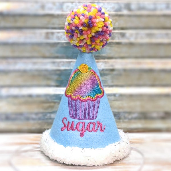 Dog Birthday Hat, Twinkle Rainbow Cupcake in Blue ,  Pet Birthday, Photo Prop, Gotcha Day, 1st Birthday, Party Favors, Pampered Dog