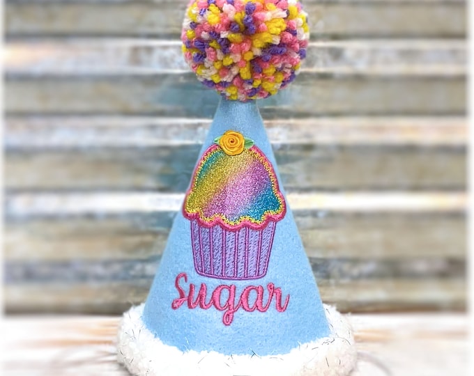 Dog Birthday Hat, Twinkle Rainbow Cupcake in Blue ,  Pet Birthday, Photo Prop, Gotcha Day, 1st Birthday, Party Favors, Pampered Dog