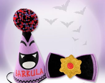 Halloween Dog Party Hat & Bow tie, Personalized |Count Dracula Vampire| 6 Color Options | Dog Costume | Spooky Photo Prop | Transylvania