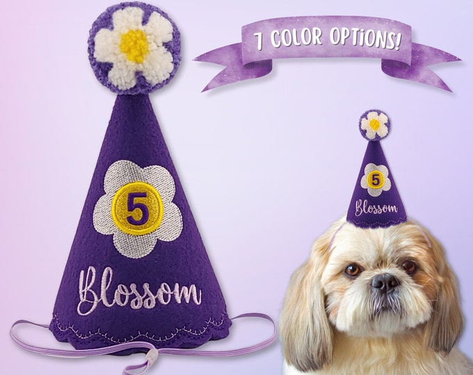 Dog Birthday Hat with Flower, Embroidered Personalized for Dogs First Birthday Custom Dog Birthday Party Hats Birthday Memory Keepsake Gift