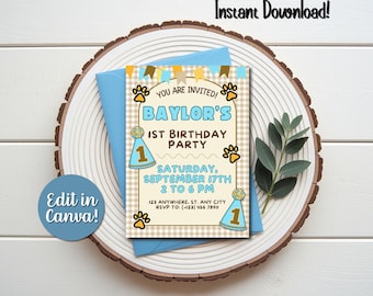 Digital Paw Prints Pet Birthday Invitation | Tan Plaid & Blue Canva Template | Puppy 1st Birthday Invite | Matches Dog Hat TP104 | Editable