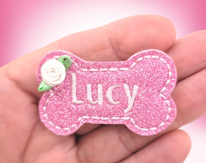 Sparkly Pink Bone Shaped Dog Bow with Barrette | Embroidered with Name | White Rose Flower | Pet Gifts | Personalized Accessory | Girl Bows