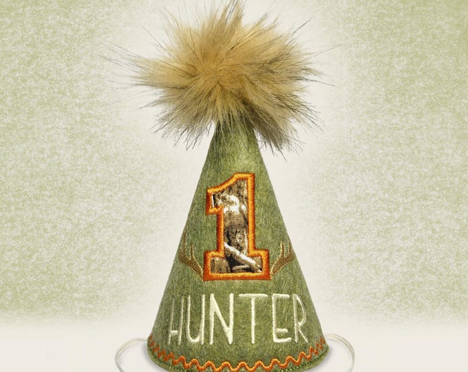 Personalized Hunting Dog Birthday Hat, Camo First Birthday, Rustic Outdoors Pet Party Accessory