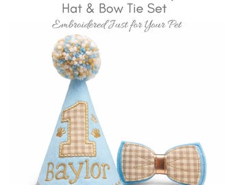 Personalized Dog Birthday Hat & Bow Tie Set, Embroidered Pet Birthday Outfit, Puppy Party Hat, Cake Smash Outfit, Birthday Boy Dog | TP104