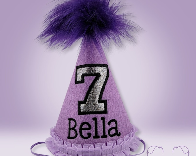 Dog Birthday Hat, Fancy Lilac Frilly Trim and Purple Fur Pompom Personalized, Dogs First Birthday, Pet Birthday Hat, Gotcha Day, Keepsake