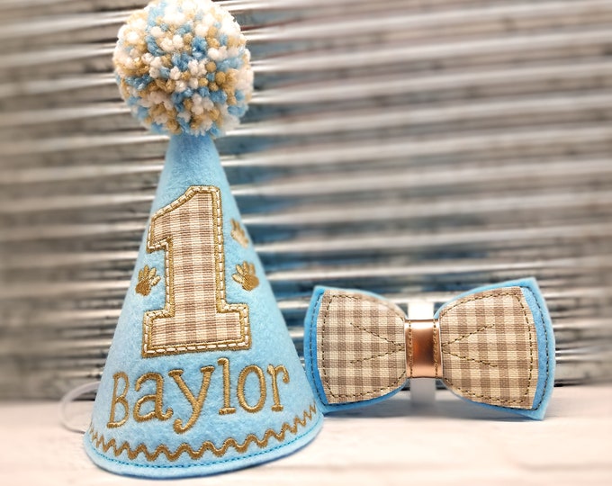 Dog Birthday Hat and Bow Tie Set Light Blue Tan Plaid, Gotcha Day Party Hat, Birthday photo prop, Dog Party Supplies, Dog 1st Birthday,