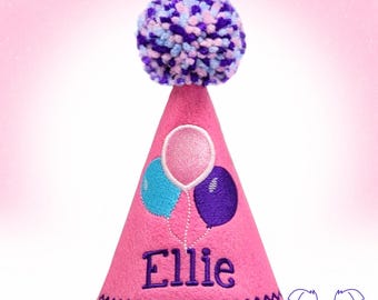 Dog Birthday Hat with Embroidered Balloons in Candy Pink, Personalized with Name, Dogs First Birthday, Gotcha Day Hat