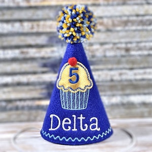 Personalized Dog Birthday Hat: Royal Blue Pupcake, Gold Sparkle