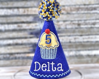 Personalized Dog Birthday Hat: Royal Blue Pupcake, Gold Sparkle