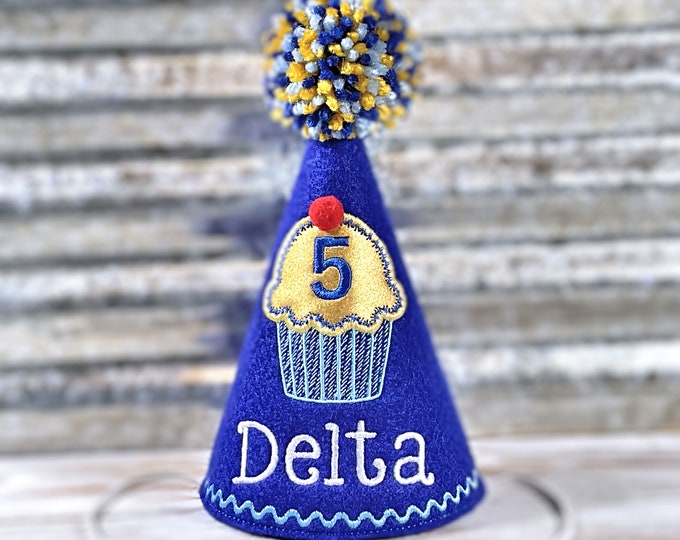 Dog Birthday Hat, Cupcake Pupcake in Royal Blue & Gold,  Pet Birthday, Photo Prop, Gotcha Day, 1st Birthday, Party Favors