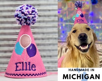 Dog Birthday Hat with Embroidered Balloons in Candy Pink, Personalized with Name, Dogs First Birthday, Gotcha Day Hat