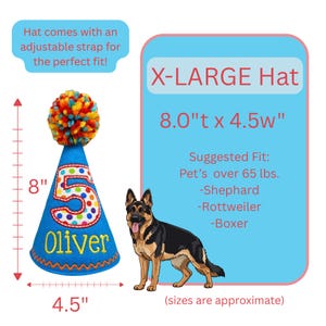 May include: A blue birthday hat for dogs, 8 inches tall and 4.5 inches wide, with a colorful pom-pom and the number 5. The hat is labeled "Oliver" and is suggested for pets over 65 lbs, including Shepherds, Rottweilers, and Boxers.